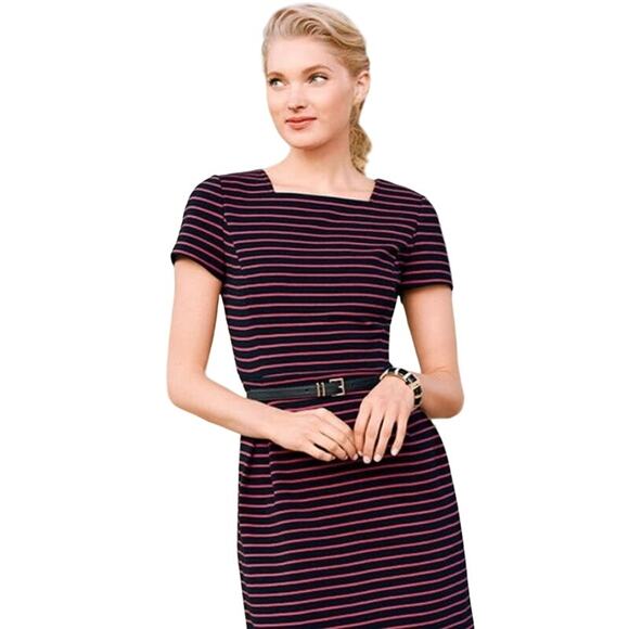 Womens Short Sleeve Square Neck Knit Sheath Dress Black Pink Striped Nautical 4P - Picture 1 of 7
